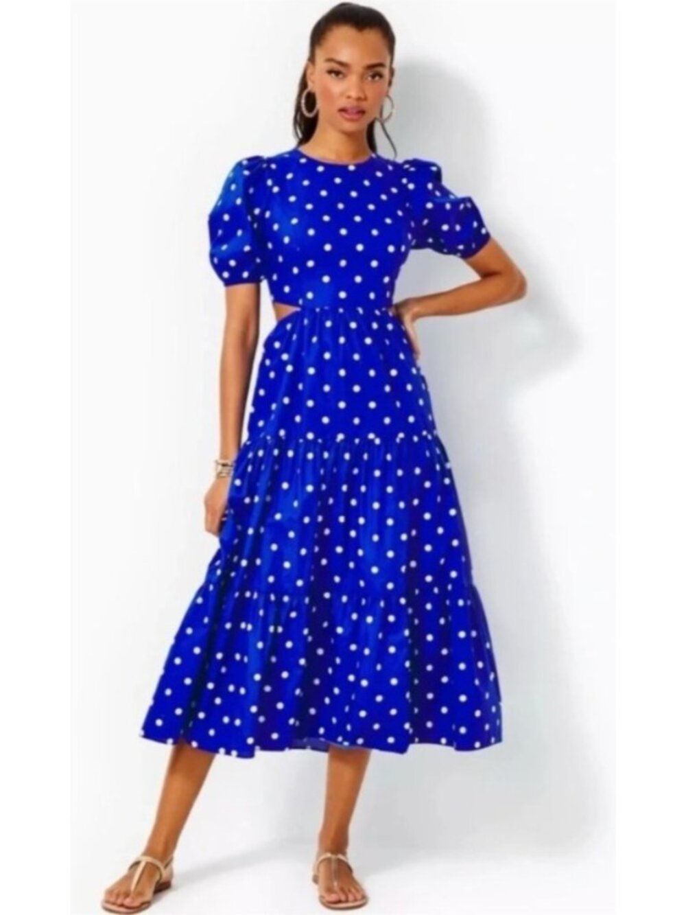 NEW Lilly Pulitzer Lyssa Cotton Midi Dress Blue Grotto Cutout Tiered 4 Polka Dot